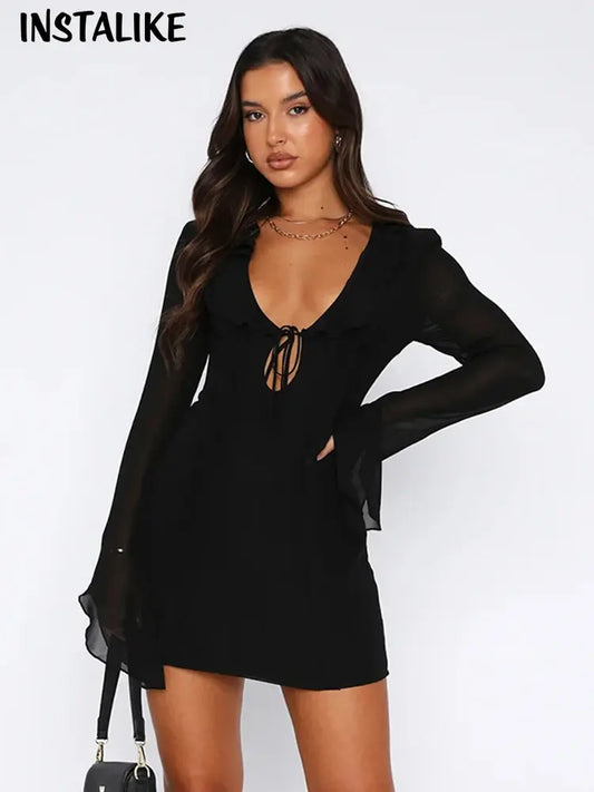 InstLike-Hollow Out Flare Sleeve Mini Dress