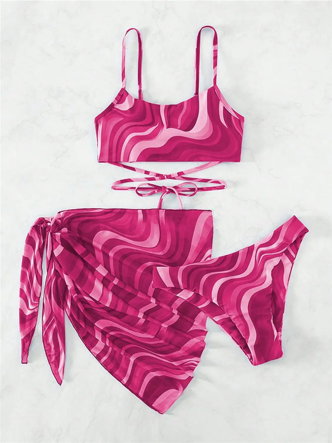 Tied Printed Three-Piece Swimsuit