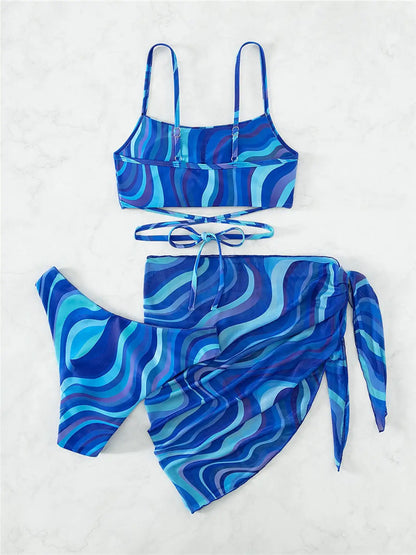 Tied Printed Three-Piece Swimsuit